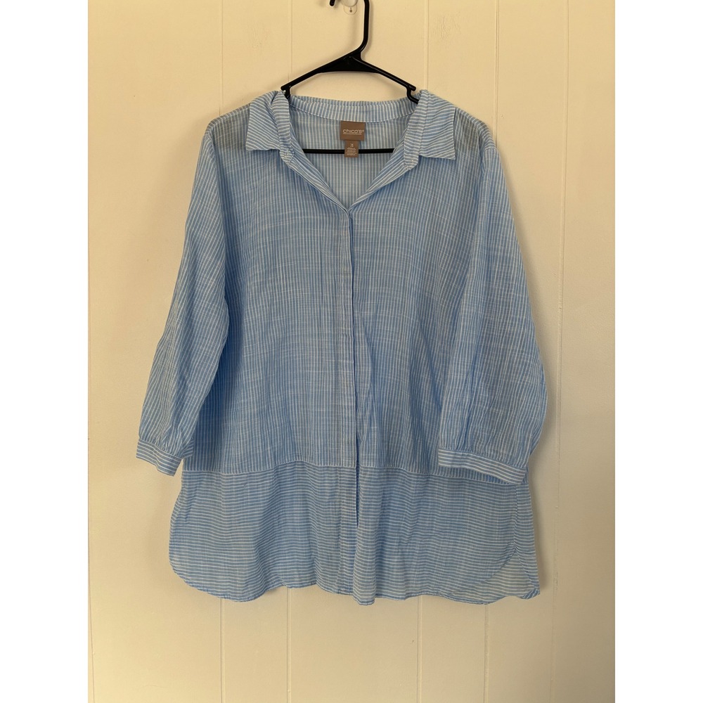 Chico's Blue White‎ Mixed Stripe Button Down Shirt Tunic Size 3 XL 16